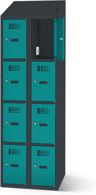 rotstahl Fächerschrank mit Ladefunktion und 8 Fächern in Türkis mit anthrazitgrauem Korpus, B: 80 cm, H: 200 cm - Bild 1