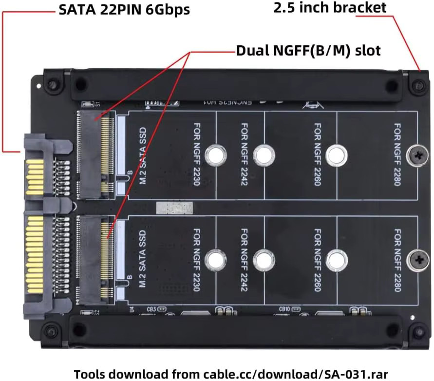 T.F.SKYWINDINTL Dual NGFF B+M Key M.2 SSD zu 2,5 Zoll SATA Combo HDD-Laufwerksgehäuse mit JBOD Raid0 Span Bridge in Schwarz - Bild 2