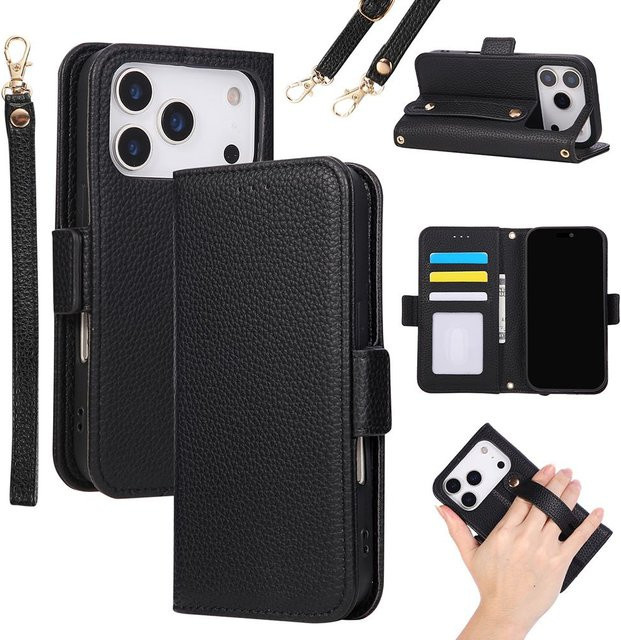 ASONPAI Geldbörsen-Hülle aus PU-Leder mit Handgelenk-Riemen und Kartenhalter für iPhone 13 mini, Schwarz - Bild 1