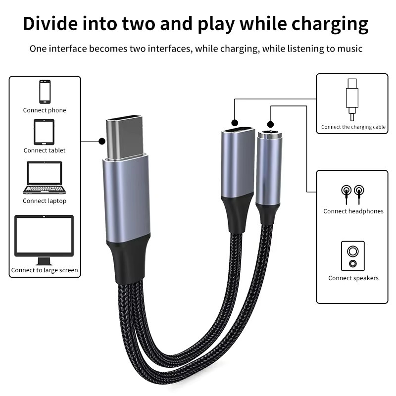 OLOEY 2-in-1 USB-C auf 3,5mm AUX Audio-Adapterkabel mit 60W PD Schnellladefunktion für Xiaomi und Huawei - Bild 3