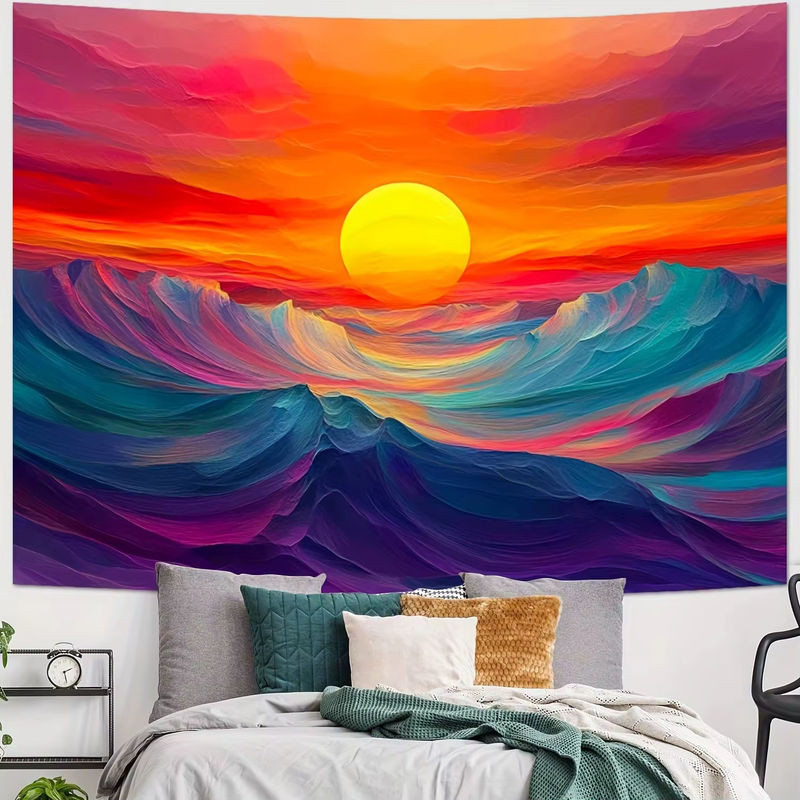 VIKAMA Wandteppich mit Meer und Sonnenuntergang, mehrfarbiger Textildruck in maritimem Design, rechteckig - Bild 1
