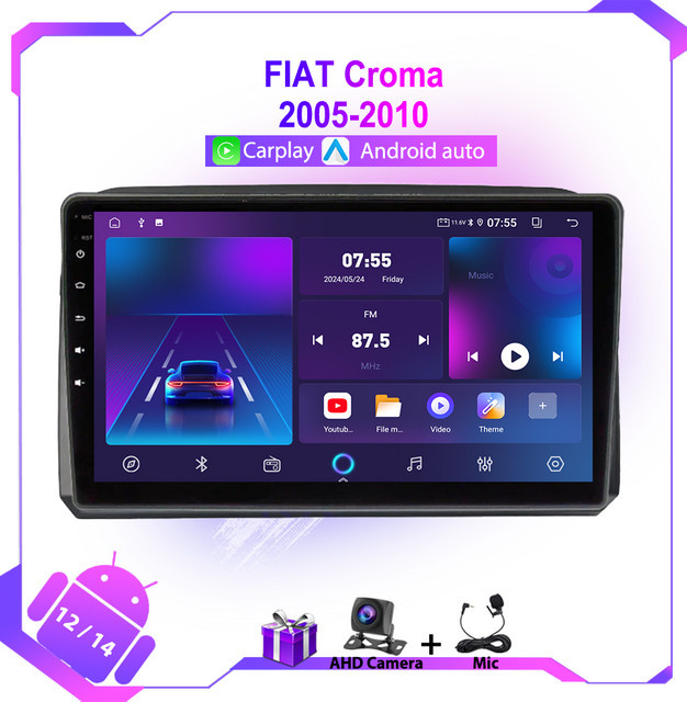 Icreative Android Auto und CarPlay Multimedia Autoradio mit GPS, WIFI und 4G für Fiat Croma 2005-2010, Schwarz - Bild 1