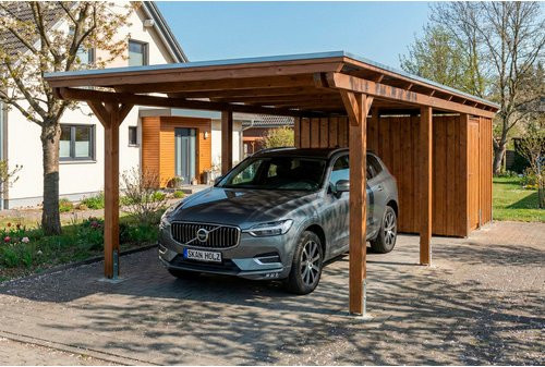 SKANHOLZ Carport Emsland aus Fichte mit EPDM-Flachdach und Abstellraum, Farbe: Nussbaum/Braun, B: 846 cm, T: 340 cm, H: 238 cm - Bild 1