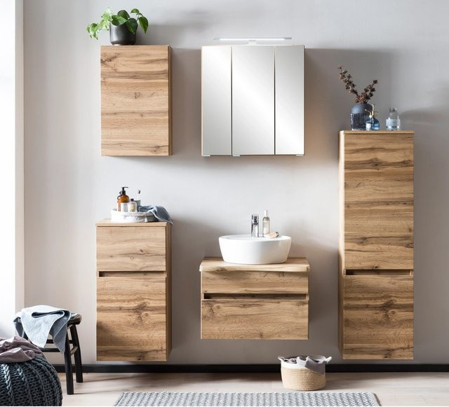Held Möbel Waschtisch-Set Trient 2-tlg. in Wotaneiche mit Keramik-Aufsatzbecken und Spiegelschrank mit LED-Beleuchtung und Steckdose, Breite: 60 cm - Bild 1