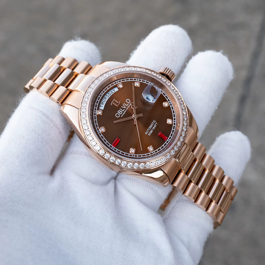 OBLVLO Armbanduhr, Automatik, Roségold, braun, Diamant, Herren - Bild 2
