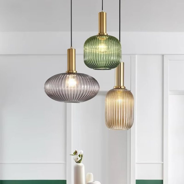 DARHYN Glas Pendelleuchte E27 in Rauchgrau mit Gold/Messing-Details für Küche, Esszimmer und Wohnzimmer - Bild 1