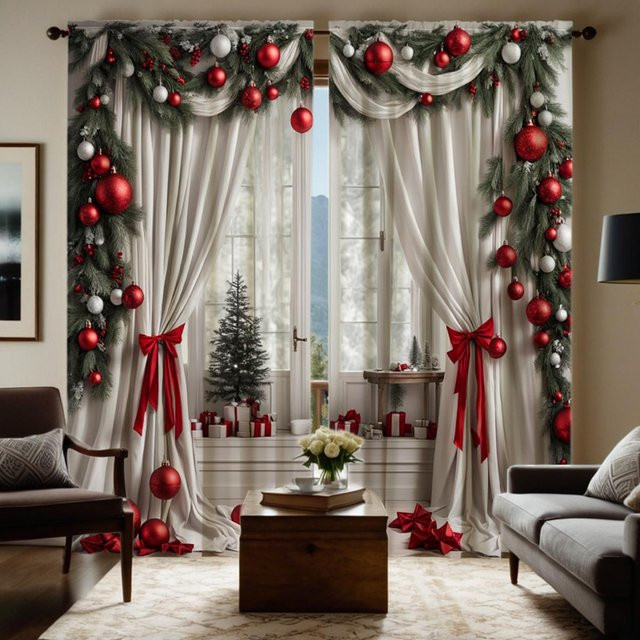 2-teiliges dekoratives Blumengirlanden-Set mit Ballonvorhang in Weiß für Wohnzimmer und Schlafzimmer, B: 132 cm, H: 160 cm - Bild 1