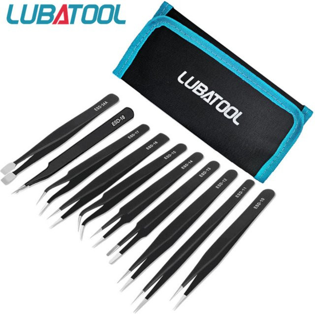 LUBATOOL Präzisionspinzetten-Set aus Edelstahl in Schwarz, 10 Stück, antistatische Pinzetten für die Elektronik- und Handy-Reparatur - Bild 1