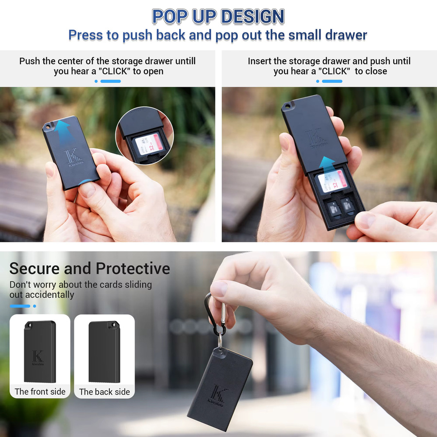Stoßfeste und spritzwassergeschützte Pop-up Speicherkarten-Hülle in Schwarz für 2 SD SDHC SDXC und 4 TF MicroSD Karten - Bild 3