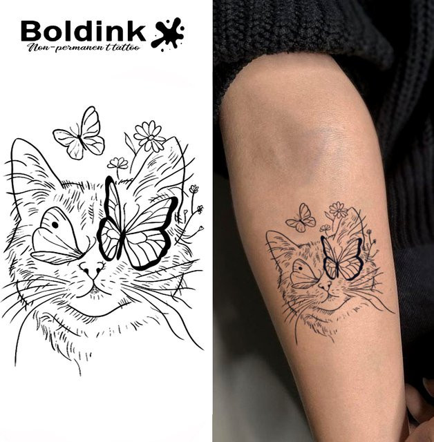 Boldink Temporäres Tattoo, Skurrile Katze und Schmetterlinge, Wasserfest - Bild 1