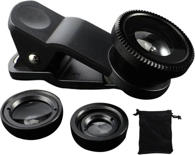 3in1 Fisheye Weitwinkel-Mikrokameraobjektiv mit Zoom und Telefonclip für iPhone und Xiaomi Redmi in Schwarz oder Blau - Bild 1