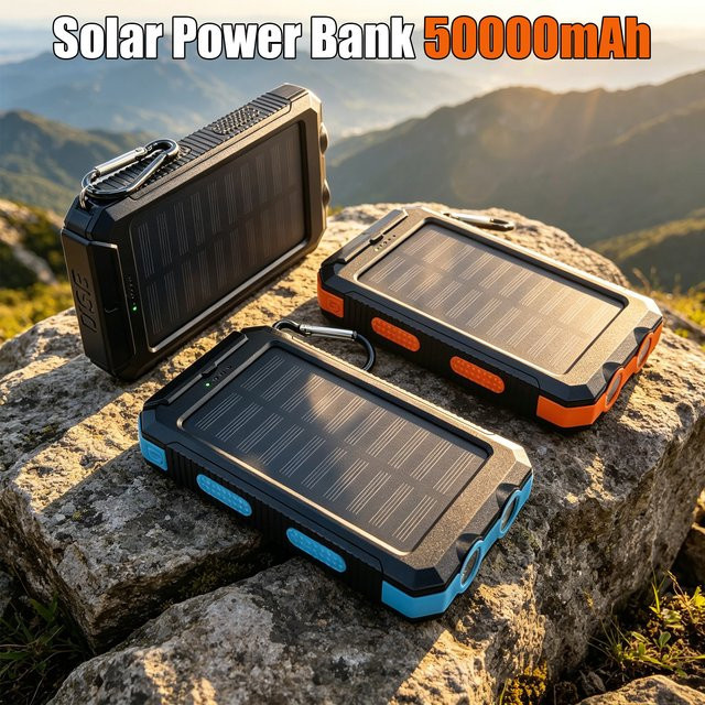 Rscrola Solar-Powerbank mit 50000mAh, Multifunktions-Ladegerät mit USB-A und USB-C sowie Taschenlampe in Orange und Schwarz - Bild 1