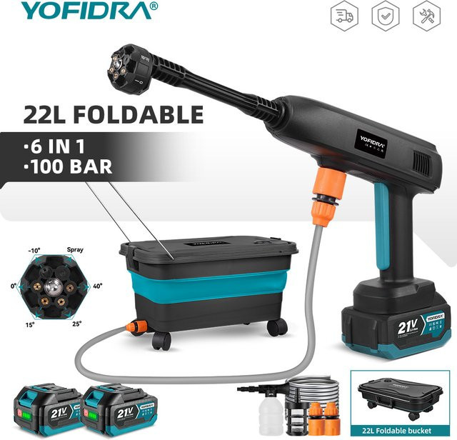 YOFIDRA 6-in-1 Hochdruck-Elektro-Wasserspritzpistole Auto-Gartenreiniger mit 22L Wassereimer für Makita LXT Akkus - Bild 1