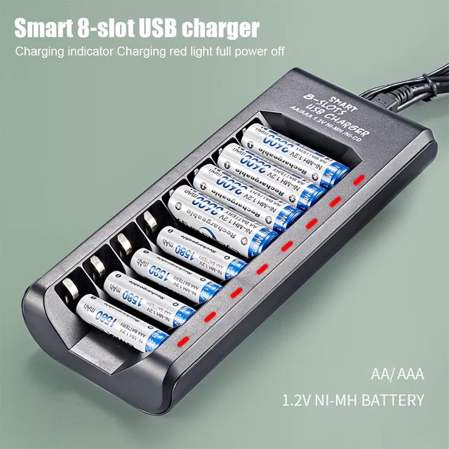 Wiederaufladbares Batterieladegerät mit 8 Steckplätzen und USB-C Anschluss für 1,2 V NiMH AAA/AA-Batterien in Schwarz - Bild 1
