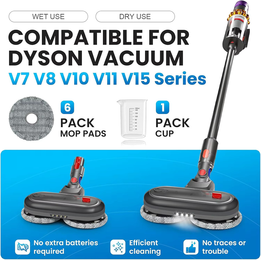 Blossom Elektrischer Wischkopf für Dyson V7 V8 V10 V11 V15 Staubsaugeraufsatz in Grau mit abnehmbarem Wassertank und 6 wiederverwendbaren Wischpads - Bild 2