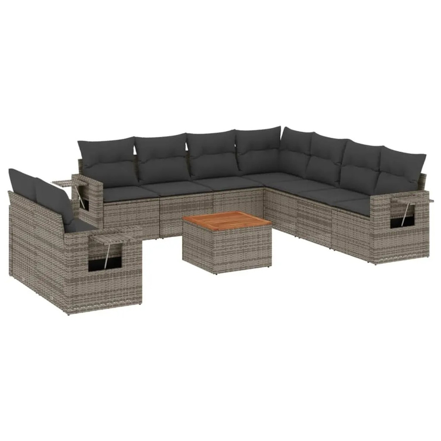 vidaXL 10-teilige Garten-Sofagarnitur aus Poly-Rattan und Akazienholz in Grau mit Kissen - Bild 2