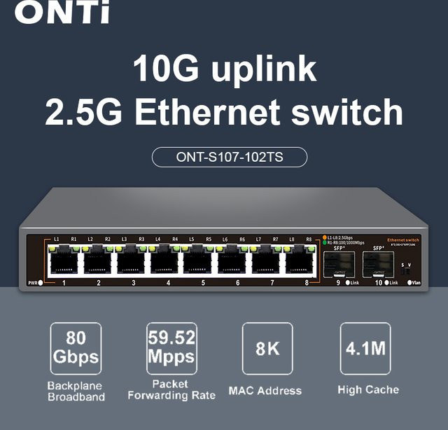 ONTi 2,5 Gb nicht verwalteter Ethernet-Switch mit 8-Port 2,5 GBASE-T und 10 G SFP+ Port, lüfterlos, Schwarz - Bild 1