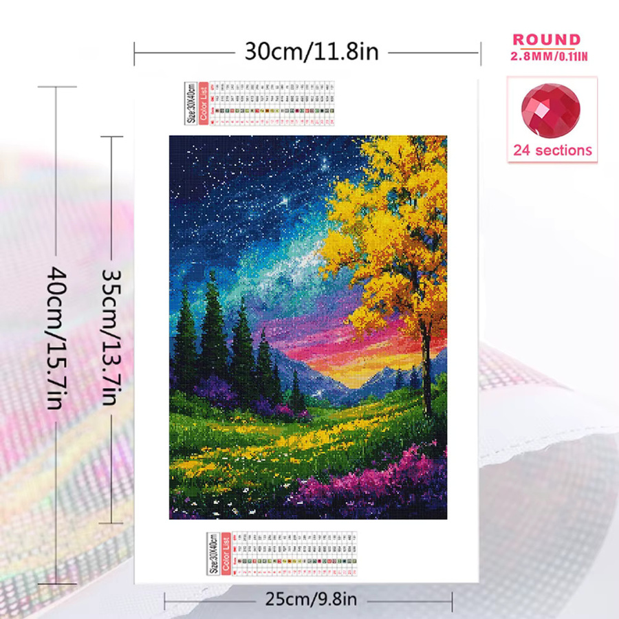 Momoart Diamant-Mosaik Landschaft mit Baummuster und Bergen als Kreuzstich-Kunstgemälde für Erwachsene und Anfänger, Multicolor, B/H: 30 x 20 cm - Bild 2