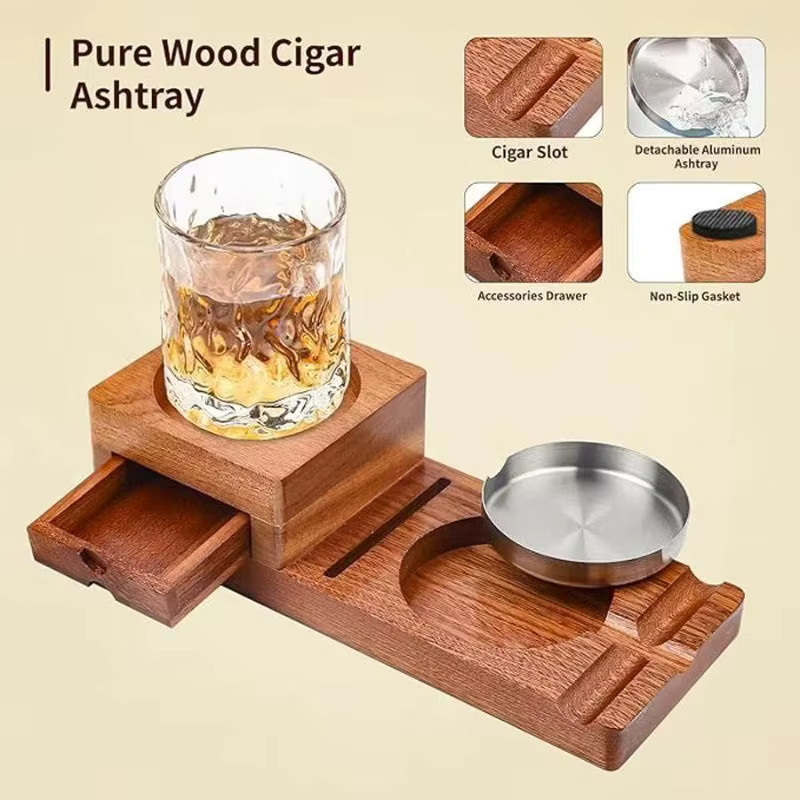 KeYi Holz-Zigarrenaschenbecher in Braun mit Whiskyglashalter, Stahlschlitz und Schublade - Bild 3