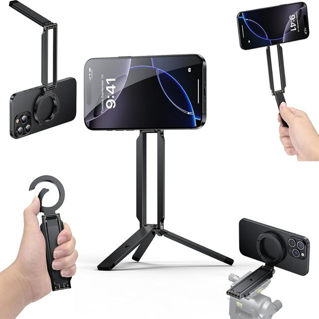 DUTRIEUX Magnetisches Handy-Stativ aus ultraleichtem ABS mit MagLock, faltbarer Taschenständer für iPhone und Smartphones, Farben: Schwarz oder Silber - Bild 1