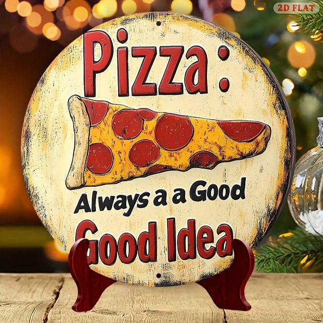 Potdemiel Pizza Metallwandkunstschild im Retro-Stil mit Typografie, rund, Mehrfarbig, Durchmesser: 20 cm - Bild 1