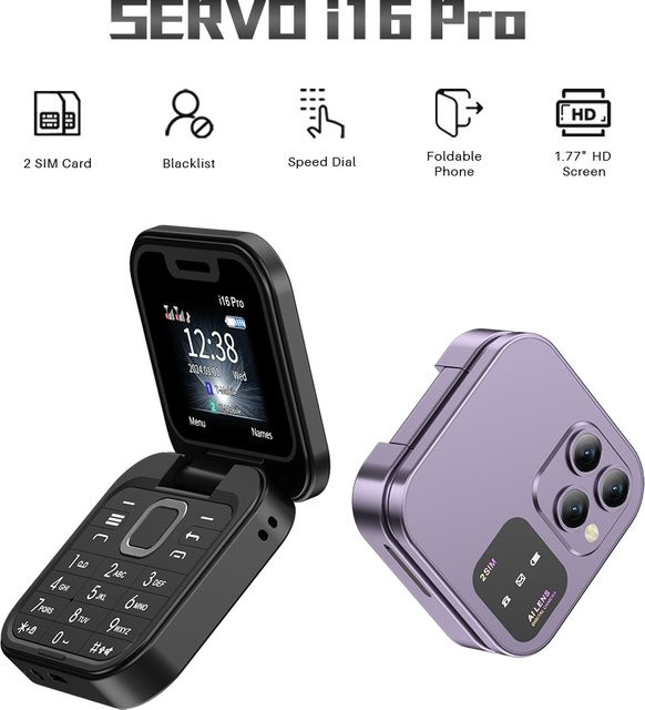 SERVO Mini-Flip-Handy 2025 mit FM-Radio, Magic Voice, Speed Dial und Vibration in Schwarz - Bild 1