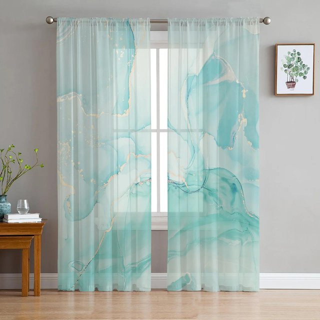 Yiran Furniture Transparenter Vorhang mit Marmor Muster in Blau, Tüll Voile Organza für Wohnzimmer und Küche, Breite: 135 cm, Höhe: 115 cm - Bild 1