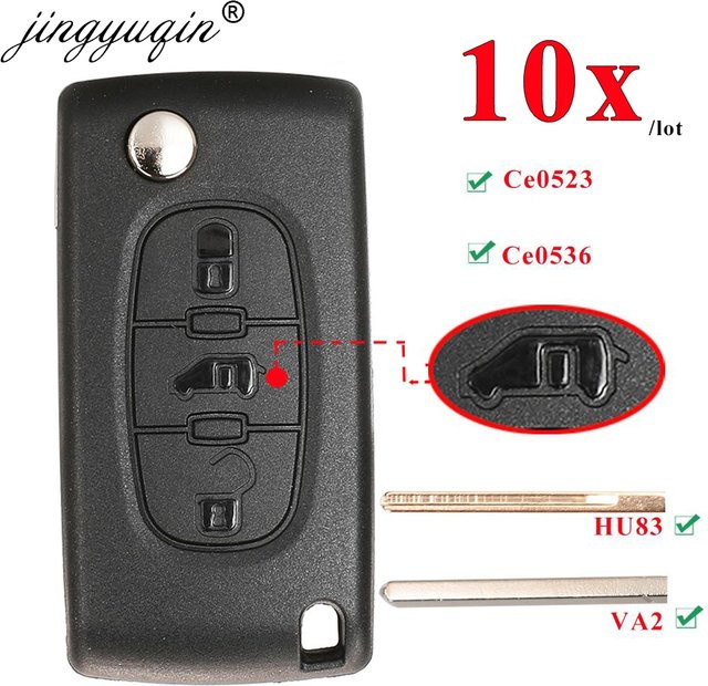 Jingyuqin 10er Set 3-Tasten Flip Remote Autoschlüssel für Peugeot Partner Expert Citroen Berlingo Dispatch in Schwarz CE0523 CE0536 HU83 VA2 - Bild 1