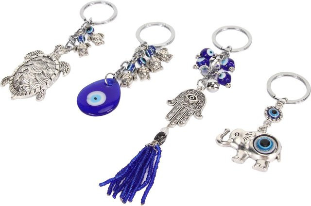 Schlüsselanhänger-Set 4-teilig, blaues Auge, Elefantenhand, Schildkröte, Unisex, gray - Bild 1