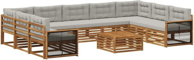 vidaXL Outdoor-Sofagarnitur aus Akazienholz mit 10 Kissen in Natur und Hellgrau - Bild 1