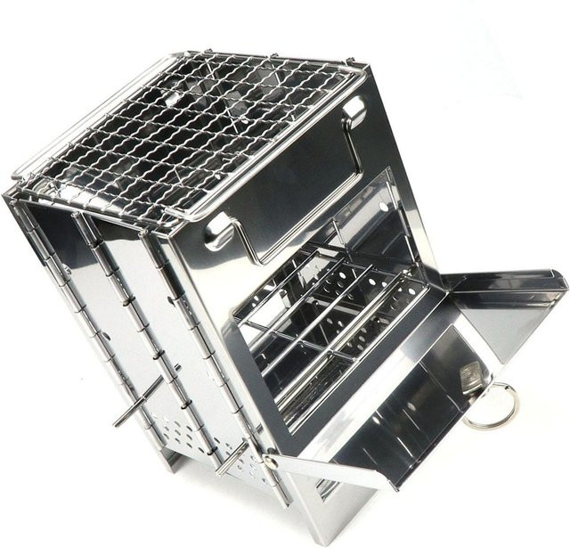 Fishine Barbecue Holzkohlegrill aus Edelstahl, quadratisch und höhenverstellbar, faltbar, Farbe: Schwarz/Silber - Bild 1