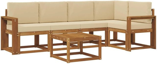 vidaXL L-Shape Sofa Set aus Akazienholz mit 6 Kissen in Beige und Natur - Bild 1