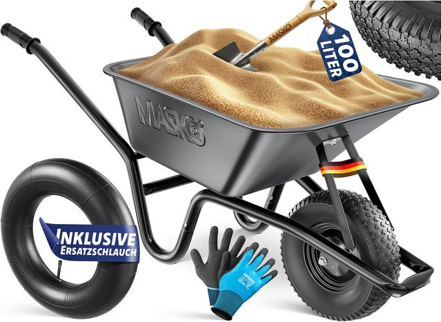 MASKO Schubkarre mit 100 Litern Volumen und 250 kg Tragkraft, verzinkter Stahlrahmen, Luftreifen mit Stahlfelge, inklusive Arbeitshandschuhe - Bild 1