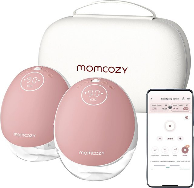 Momcozy M9 Elektrische Doppel-Milchpumpe, tragbar und wearable, Pink/Transparent - Bild 1