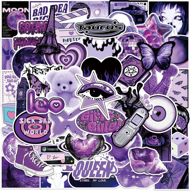 50 oder 100 Stück lila Y2K Mädchen Doodle Aufkleber, wasserfeste Aufkleber für Schreibwaren, Telefon, Koffer, Roller, Helm und Auto - Bild 1