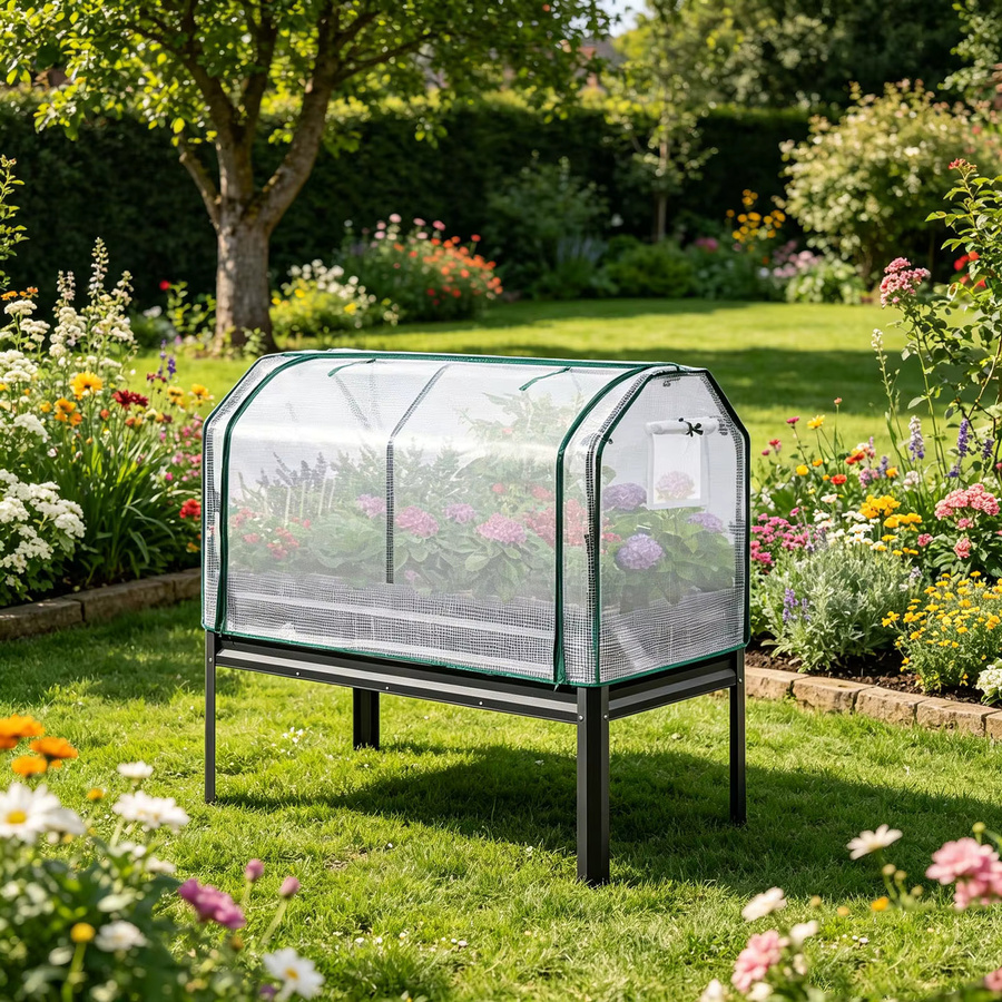 HiMISS Hochbeet aus lackiertem Metall in Beige mit Mini-Gewächshaus aus PE für Garten und Balkon, B/T/H: 80,0 x 44,0 x 44,0 cm - Bild 2