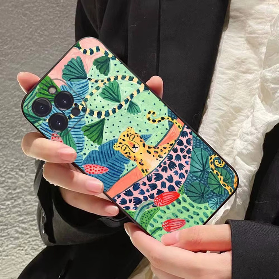 Handyhülle aus weichem Silikon mit Dschungelkunst-Illustration Snake Cats Faultier in Multicolour für iPhone 16 15 14 13 12 11 Pro Max Mini XS Plus X Cover von Potdemiel - Bild 2