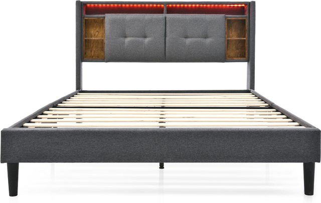 AB Store Polster-Doppelbett in Grau mit Stauraum-Kopfteil, USB-Ladeport, Nachttischablage und Unterbettbeleuchtung, für Matratzen 160 x 200 cm, H x B x T: 223 x 169 x 107 cm - Bild 1