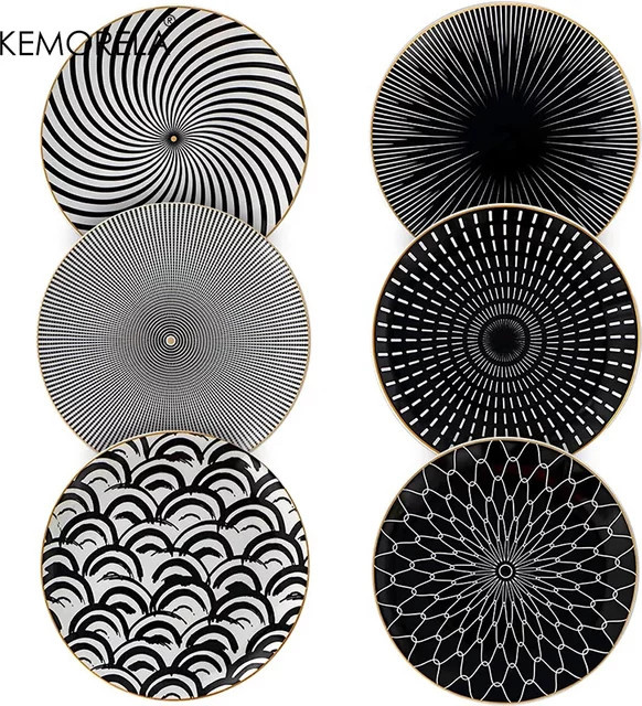 6-teiliges KEMORELA Phnom Penh Geometrie-Geschirrset aus Keramik und Porzellan in Schwarz, Essteller und Salatteller mit 15,24 cm und 25,4 cm Durchmesser - Bild 1