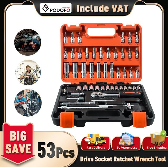 Podofo 53-teiliger 1/4-Zoll Steckschlüsselsatz mit Ratschengriff für Haushalt und professionelle Mechaniker - Bild 1