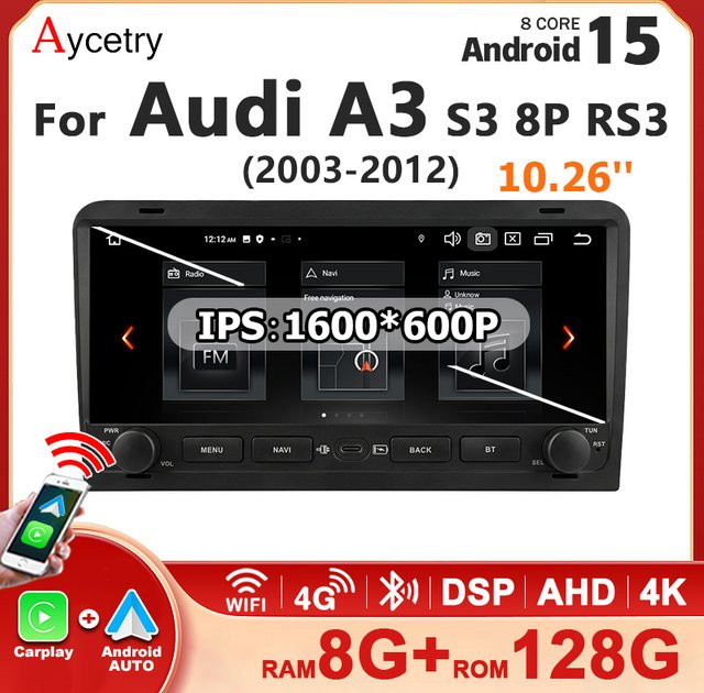 Aycetry Android 15 Autoradio mit 10,26 Zoll Bildschirm für Audi A3 8P S3 RS3 2003-2012, Kabelloses CarPlay, Bluetooth und GPS, Multimedia-Player in Schwarz - Bild 1