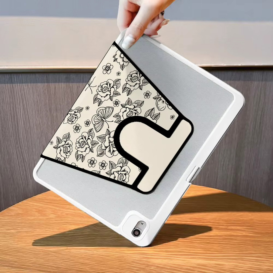 Schwarz-weiße Tischhülle mit Rosenmuster für Apple iPad Modelle in den Größen 9,7 Zoll bis 13 Zoll - Bild 4