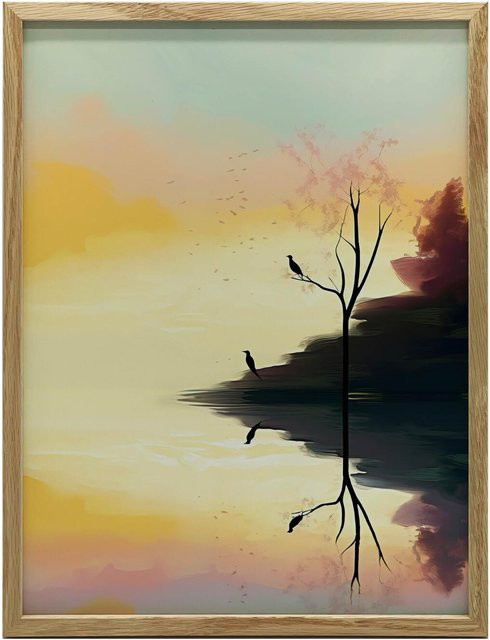 Pastelllandschaft Wandbild von iKable mit Gold Aluminiumrahmen auf mattem Papier, Breite: 40 cm, Höhe: 50 cm - Bild 1