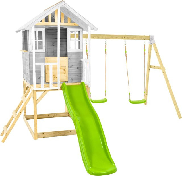 Zwerkules Spielhaus Valli 3 in Natur Grau mit Rutsche und Doppelschaukel, B/T/H: 370 x 352 x 277 cm - Bild 1
