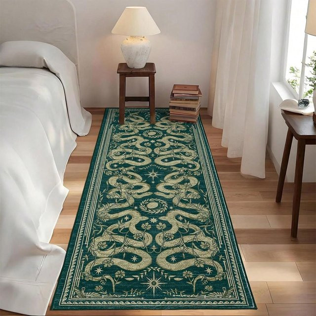 Vintage Schlangen Teppich Matte von Lodestar mit goldenem Schlangenmuster und Bambusblatt Design, Farbe Gold und Grün, B/H: 40 x 60 cm - Bild 1
