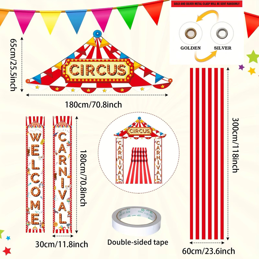 OURFETE Doppelseitiges Willkommensbanner Rot-Weiß Gestreift für Karneval, Zirkus und Kindergeburtstag - Bild 2