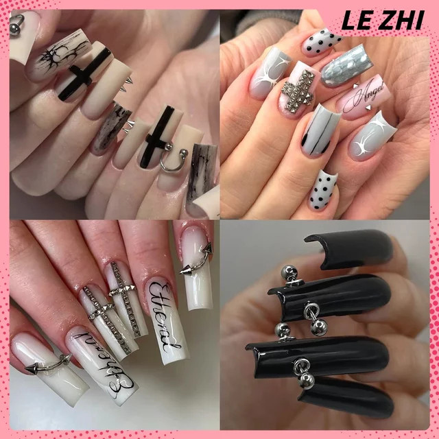 keeppley Press On Nails, Nude, Square, Metall Letter Design, 10 Stück - Bild 1