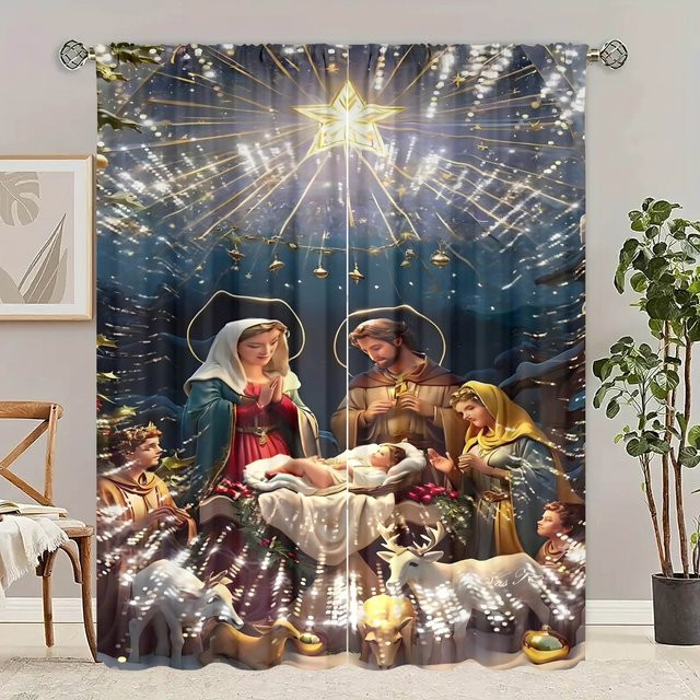 2er-Set Vorhang mit Krippenmotiv in Grau und Multicolour, halbtransparentes Stoffpanel mit Ösen für Wohnzimmer oder Schlafzimmer, Breite: 76,2 cm, Höhe: 165,1 cm - Bild 1