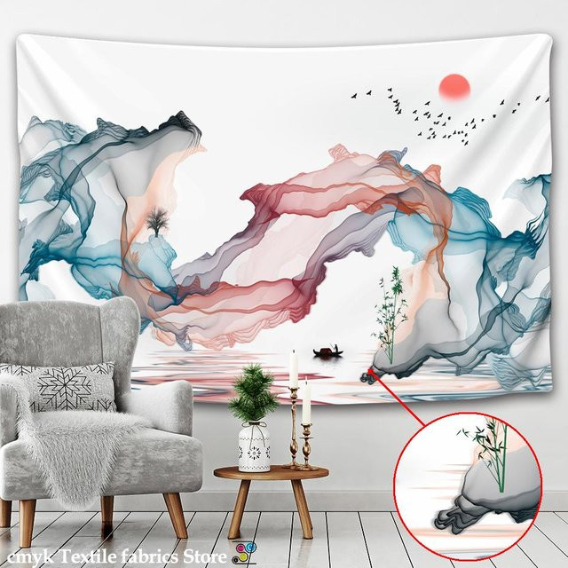 Wandteppich von Super Six mit chinesischer Tuschmalerei und Landschaftsmotiv Sonnenaufgang in Bunt, B/H: 95 x 70 cm - Bild 1
