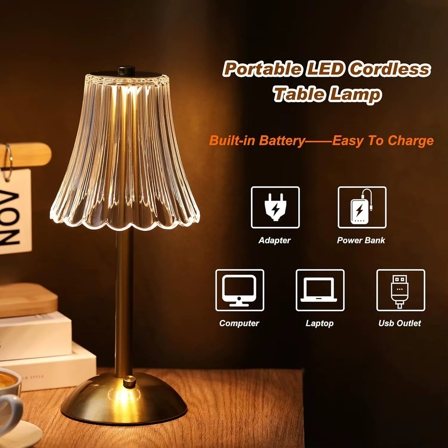 DBF Kabellose LED-Tischlampe aus Kristall und Metall in Gold, stufenlos dimmbar mit Touch-Funktion und wiederaufladbarem Akku - Bild 2